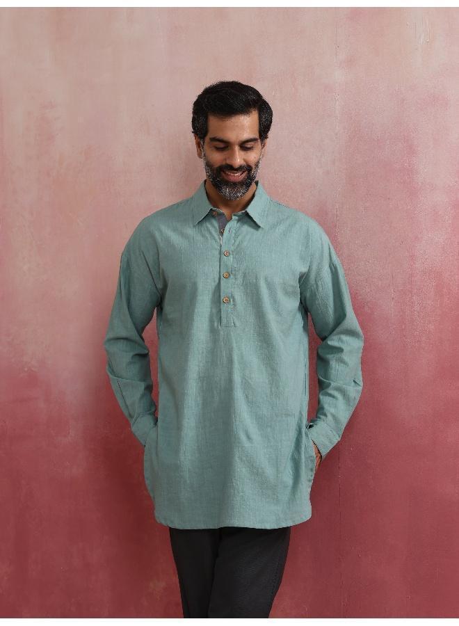 trueBrowns Men's  Aqua Blue Cotton Shirt Collar Stylized Kurta - Image 3