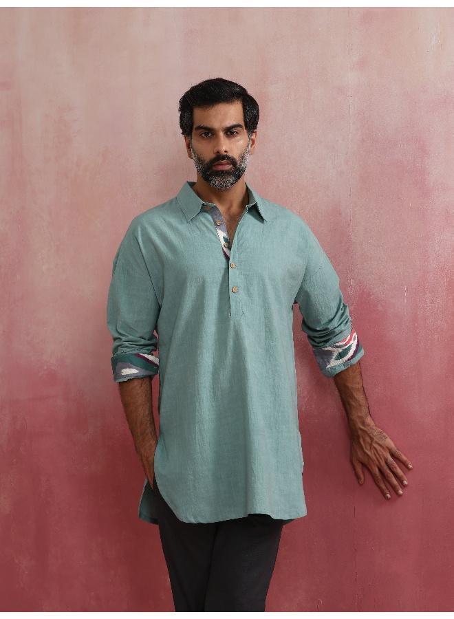 trueBrowns Men's  Aqua Blue Cotton Shirt Collar Stylized Kurta - Image 5