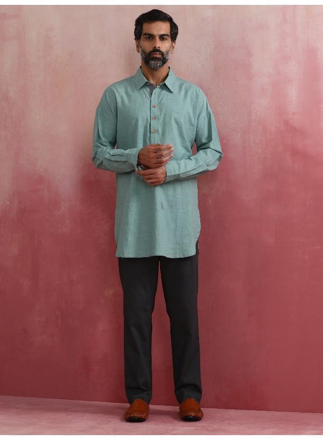 trueBrowns Men's  Aqua Blue Cotton Shirt Collar Stylized Kurta - Image 1