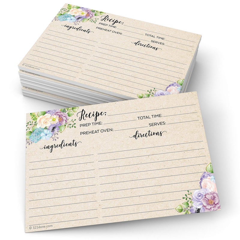 321Done 4x6 Floral Recipe Cards Set of 50  Thick Double Sided Premium Card Stock  Made in USA  Watercolor Flowers on Kraft Look Large Notes From