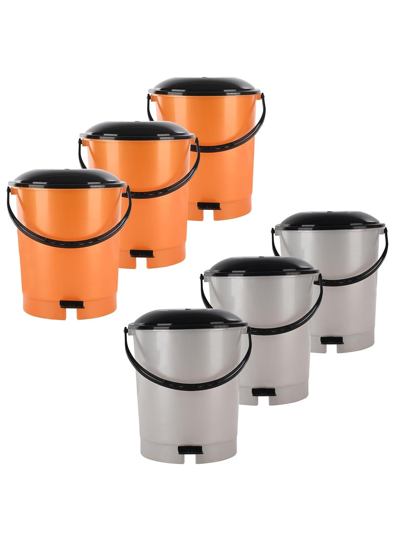 Kuber Industries Kuber Industries Pack of 6 Plastic Dustbin for Home with Pedal Lid Handle 10 Ltr Dustbin for Kitchen Bathroom Office Garbage Bin for Wet or Dry Waste Check Dhakkan White Orange  - Image 1
