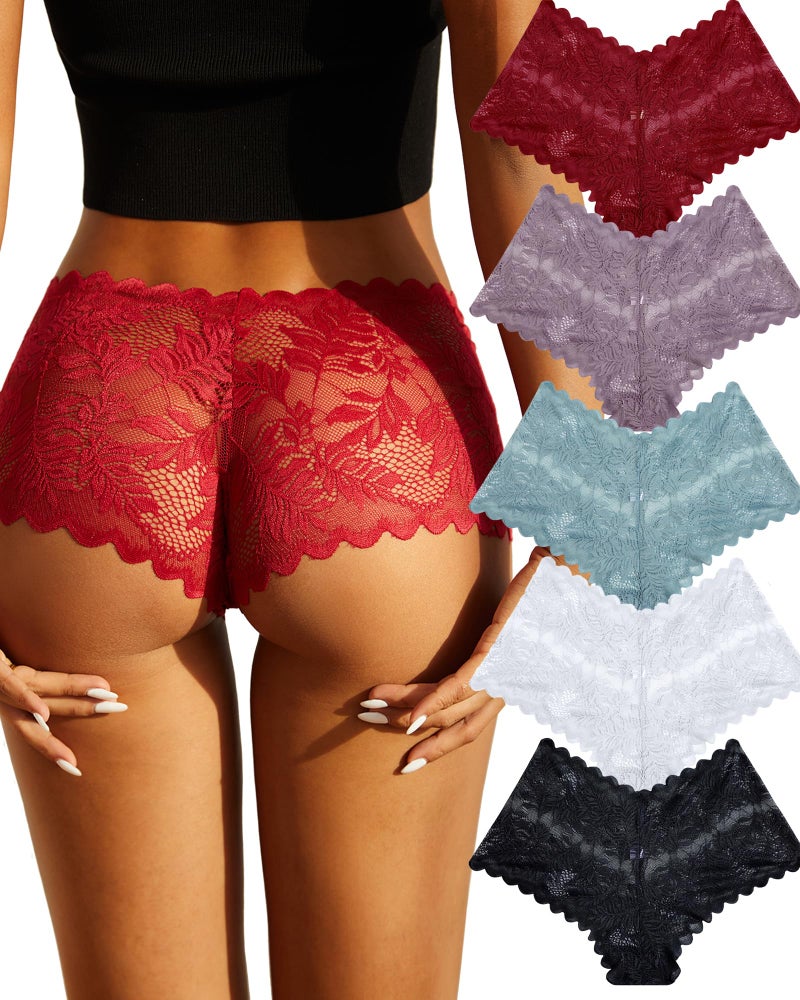 FINETOO 5 Pack Sexy Lingerie Panties for Women Pack V-Waist Lace Womens Underwear French Cut Boyshorts Panty - Image 1