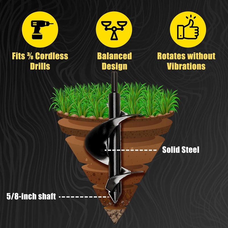 Power Planter Bulb & Bedding Black Auger Bit (3"x7") with 3/8" Non-Slip Hex Drive for Bulb Planting and Gardening Equipment for Grass and The Lawn, Mixing Paint, Earth Auger for Home Projects - Image 1