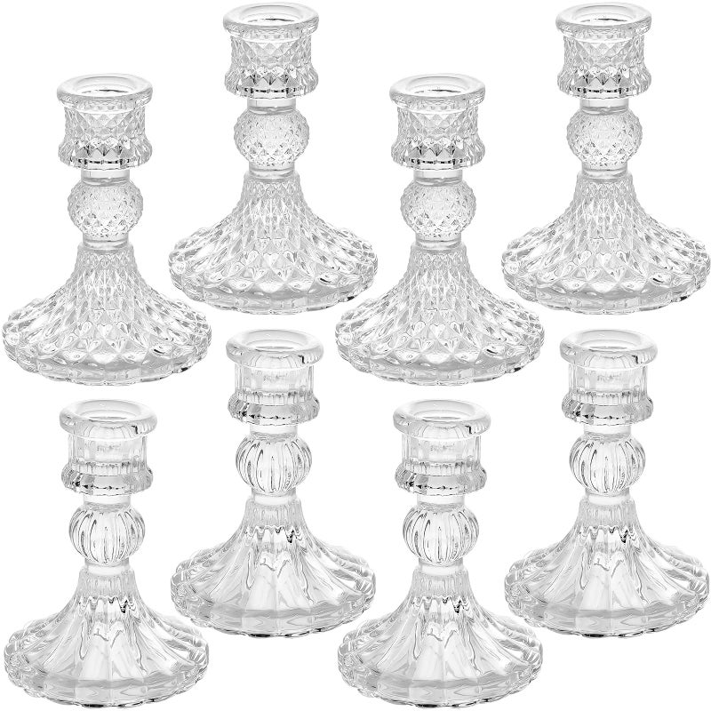 Clear Glass Candlestick Holders8 pcs Set Include Taper Candle Holders and Stripe Candle HoldersTwo Style for Formal Events Wedding FestivalChurch Party  Festival Decoration