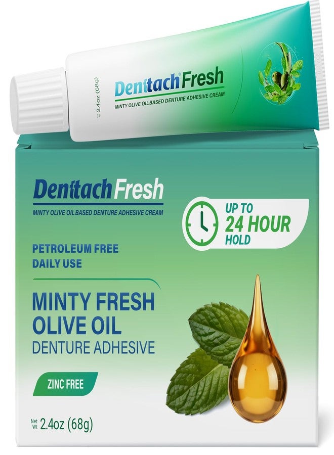 Denttach Fresh Denture Adhesive with Invigorating Mint Flavor, Petroleum Free Olive Oil Based Denture Cream for Full and Partial Dentures, All Day Hold Denture Glue, Zinc Free, 2.4 Ounce - Image 1