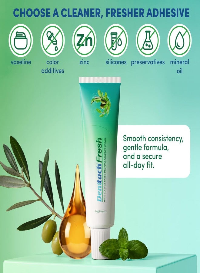Denttach Fresh Denture Adhesive with Invigorating Mint Flavor, Petroleum Free Olive Oil Based Denture Cream for Full and Partial Dentures, All Day Hold Denture Glue, Zinc Free, 2.4 Ounce - Image 2