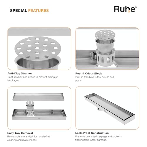 Ruhe® Marble Insert Shower Drain Channel | 18 x 3 Inches Waste Water Floor Drain for 21mm Marble | 304 Stainless Steel Invisible Shower Drain Channel | Drain Channel with Cockroach Trap and Side Hole - Image 3