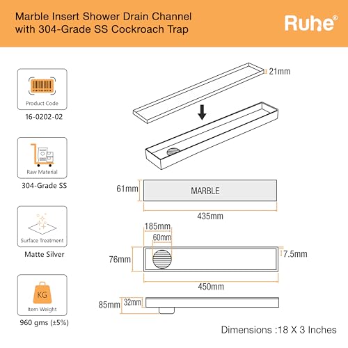 Ruhe® Marble Insert Shower Drain Channel | 18 x 3 Inches Waste Water Floor Drain for 21mm Marble | 304 Stainless Steel Invisible Shower Drain Channel | Drain Channel with Cockroach Trap and Side Hole - Image 2
