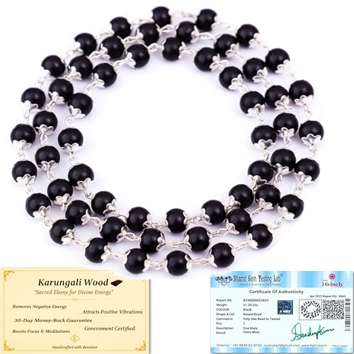 SRM's Divinely Divinely 100% Natural Karungali mala original Silver Coated 8mm Beads | Authentic Coated Silver karungali malai original 54 Beads Ebony Wood Necklace | Certified Karungali Malai for Men & Women | Free Yoga eBook, Videos & 30-Day Warranty - Image 1