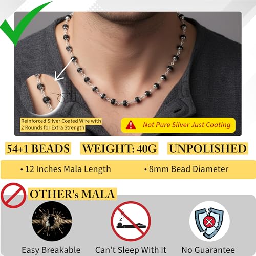 SRM's Divinely Divinely 100% Natural Karungali mala original Silver Coated 8mm Beads | Authentic Coated Silver karungali malai original 54 Beads Ebony Wood Necklace | Certified Karungali Malai for Men & Women | Free Yoga eBook, Videos & 30-Day Warranty - Image 2