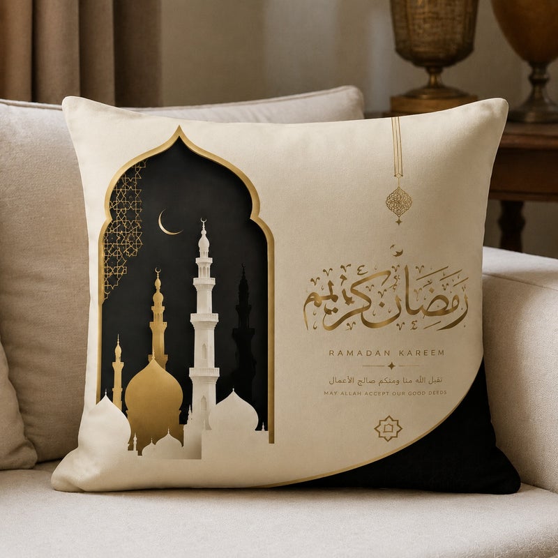 Ramadan Kareem Islamic Decorative Throw Pillow Covers Set of 4 Beige and Black Luxury Crescent Moon Mosque Design - Image 3