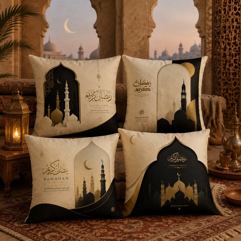 Ramadan Kareem Islamic Decorative Throw Pillow Covers Set of 4 Beige and Black Luxury Crescent Moon Mosque Design - Image 2