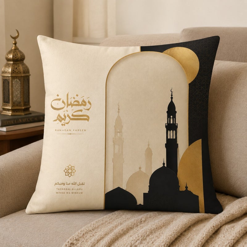 Ramadan Kareem Islamic Decorative Throw Pillow Covers Set of 4 Beige and Black Luxury Crescent Moon Mosque Design - Image 5