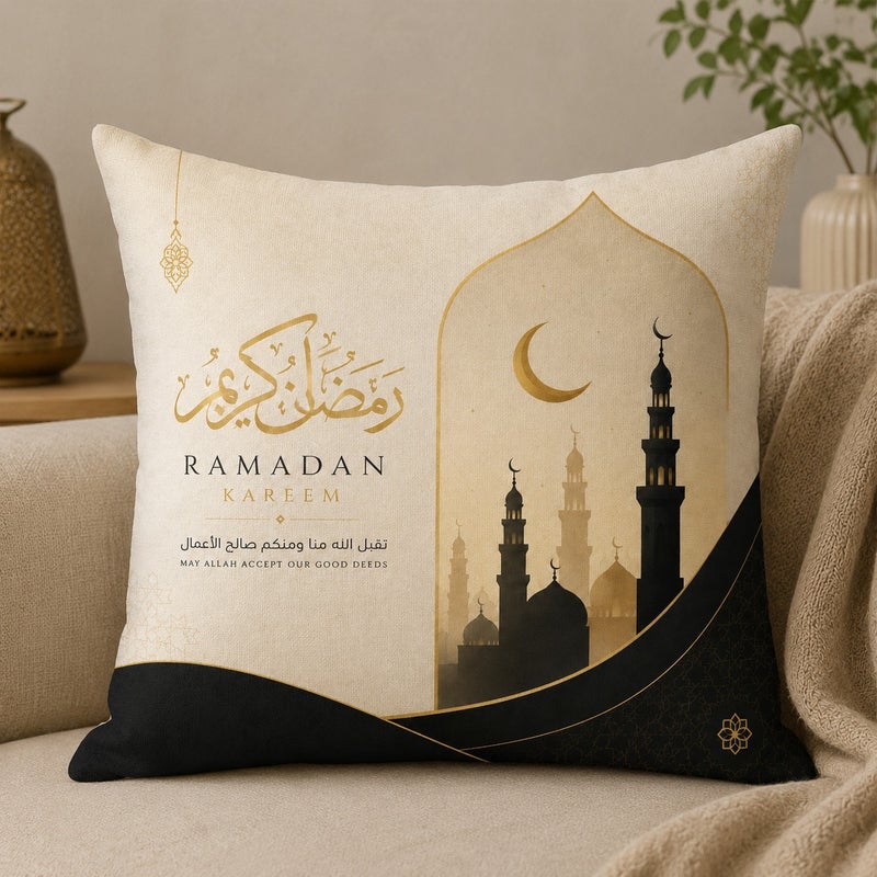 Ramadan Kareem Islamic Decorative Throw Pillow Covers Set of 4 Beige and Black Luxury Crescent Moon Mosque Design - Image 4