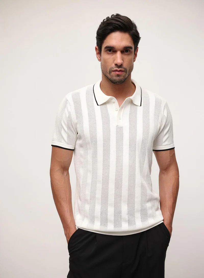 Dennis Lingo Off White 100% Cotton Textured Relaxed Polo T-Shirt For Men