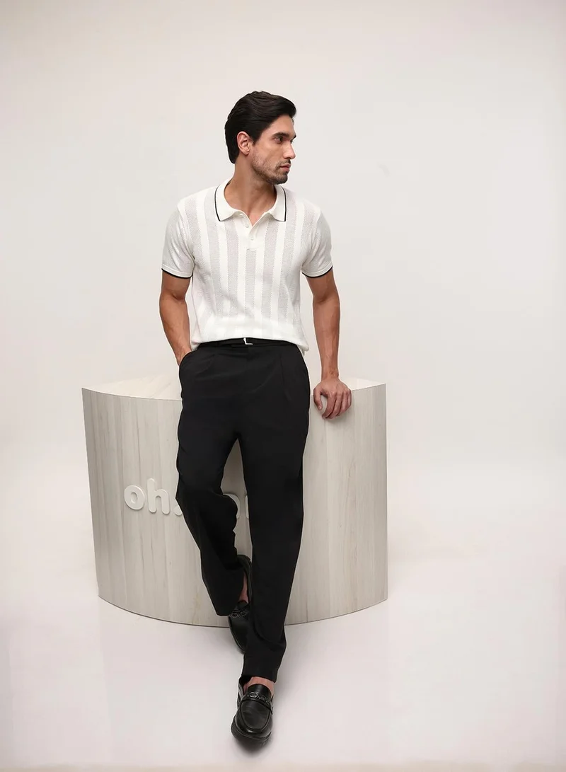 Dennis Lingo Off White 100% Cotton Textured Relaxed Polo T-Shirt For Men