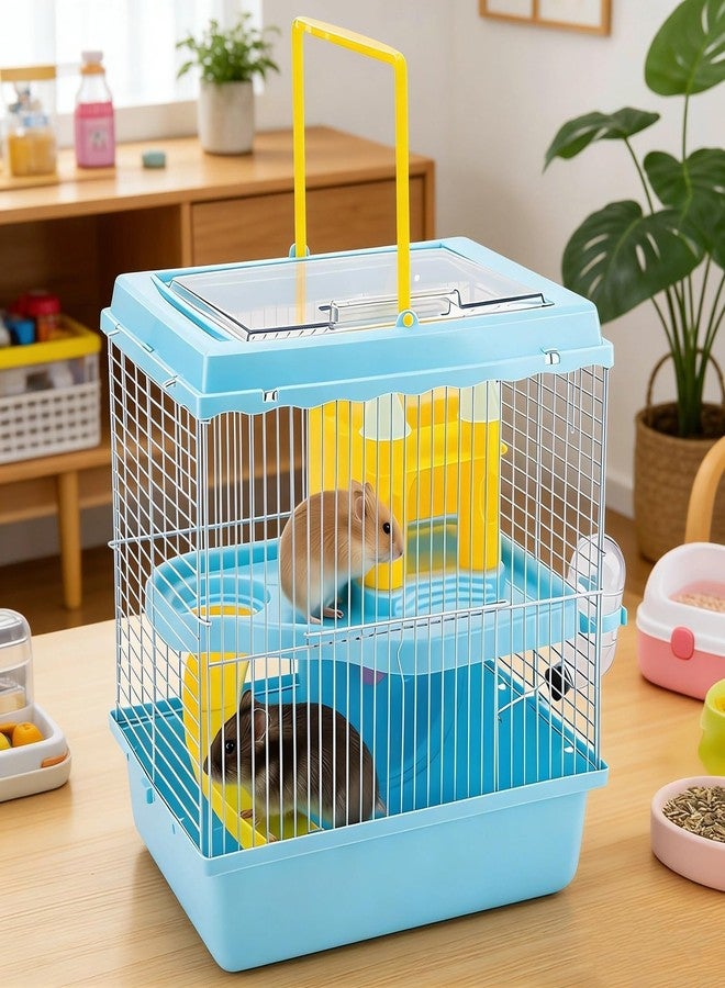 Varku Blue Hamster Cage, 10.6 x 8.1 x 11.4 in 2-Layer Portable Hamster Cage with Slide, Castle, Water Bottle, Food Bowl, Top Handle, Easy to Clean for Dwarf Hamster - Image 2