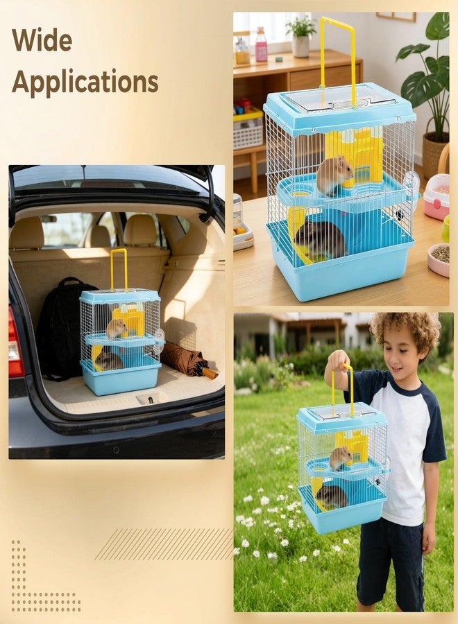 Varku Blue Hamster Cage, 10.6 x 8.1 x 11.4 in 2-Layer Portable Hamster Cage with Slide, Castle, Water Bottle, Food Bowl, Top Handle, Easy to Clean for Dwarf Hamster - Image 5