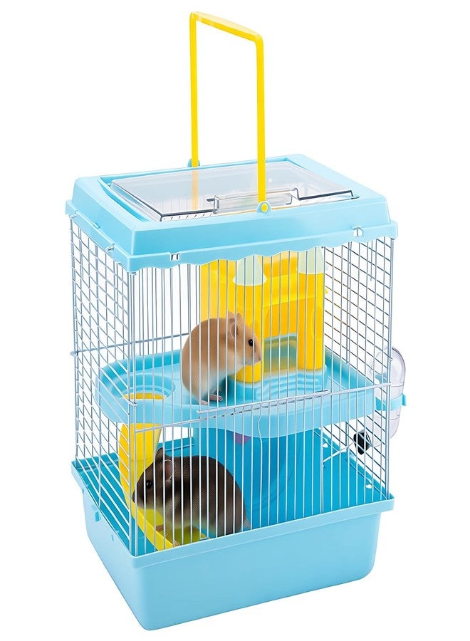 Varku Blue Hamster Cage, 10.6 x 8.1 x 11.4 in 2-Layer Portable Hamster Cage with Slide, Castle, Water Bottle, Food Bowl, Top Handle, Easy to Clean for Dwarf Hamster - Image 1