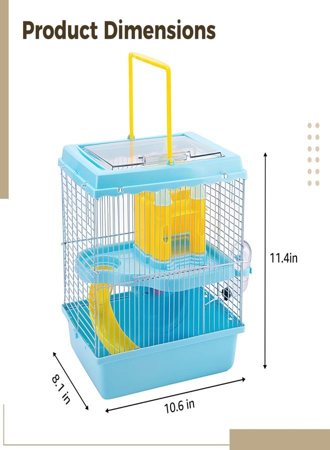 Varku Blue Hamster Cage, 10.6 x 8.1 x 11.4 in 2-Layer Portable Hamster Cage with Slide, Castle, Water Bottle, Food Bowl, Top Handle, Easy to Clean for Dwarf Hamster - Image 4