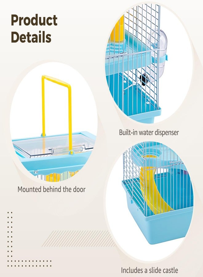 Varku Blue Hamster Cage, 10.6 x 8.1 x 11.4 in 2-Layer Portable Hamster Cage with Slide, Castle, Water Bottle, Food Bowl, Top Handle, Easy to Clean for Dwarf Hamster - Image 3