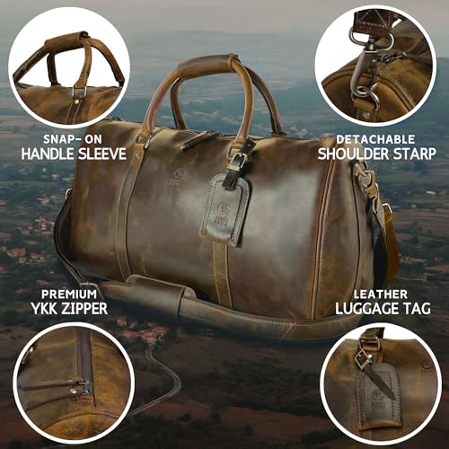 RUSTIC TOWN Leather Travel Duffle Bag For Men Women - Leather Duffel Bags (Dark Brown) - Image 5