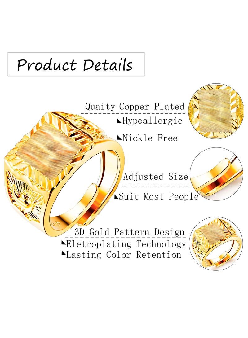 18K Real Gold Men's Gold Plated Ring Wedding Ring Kanji Ring Gold Bless All Rich Luck Wealth Ring Set Adjustable 4 Pcs Real Gold Plated Copper Brass Kanji Ring - Image 2