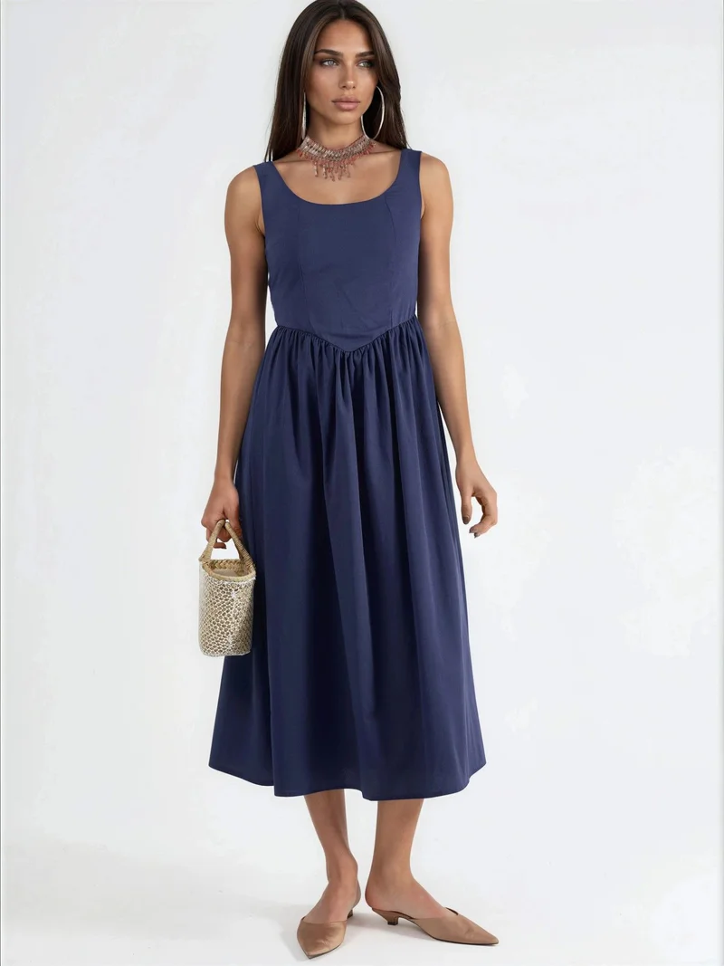 Busem BUSEM Square Collar Midi Dress with Bow Detail