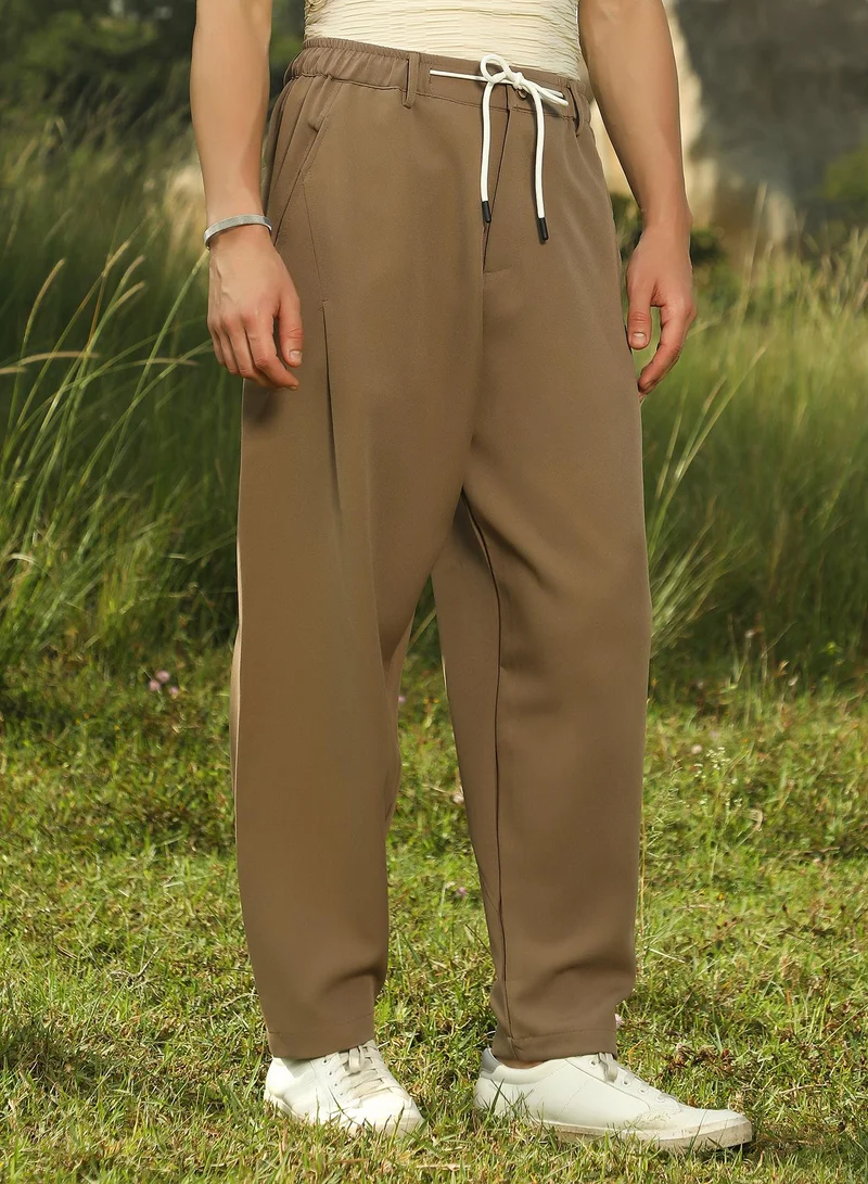 Campus Sutra Men's Ash Brown Tapered Tailored Trousers