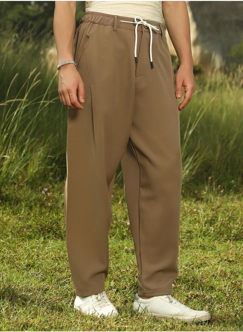 Campus Sutra Men's Ash Brown Tapered Tailored Trousers  - Image 3