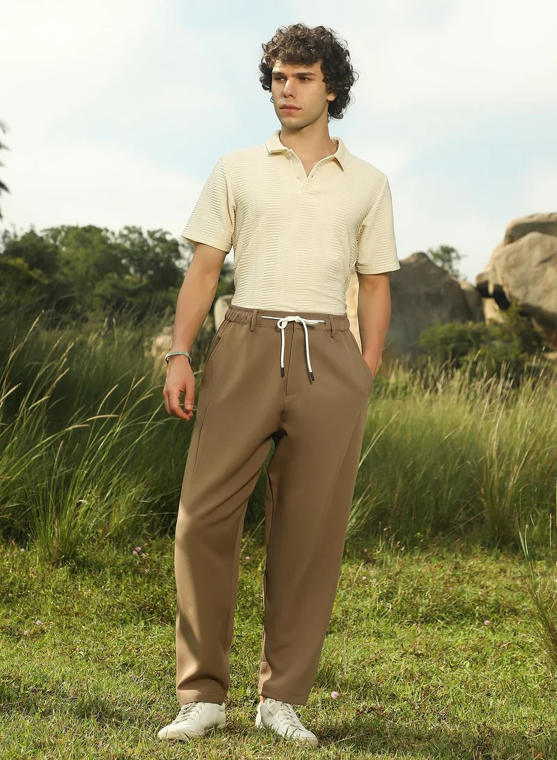 Campus Sutra Men's Ash Brown Tapered Tailored Trousers