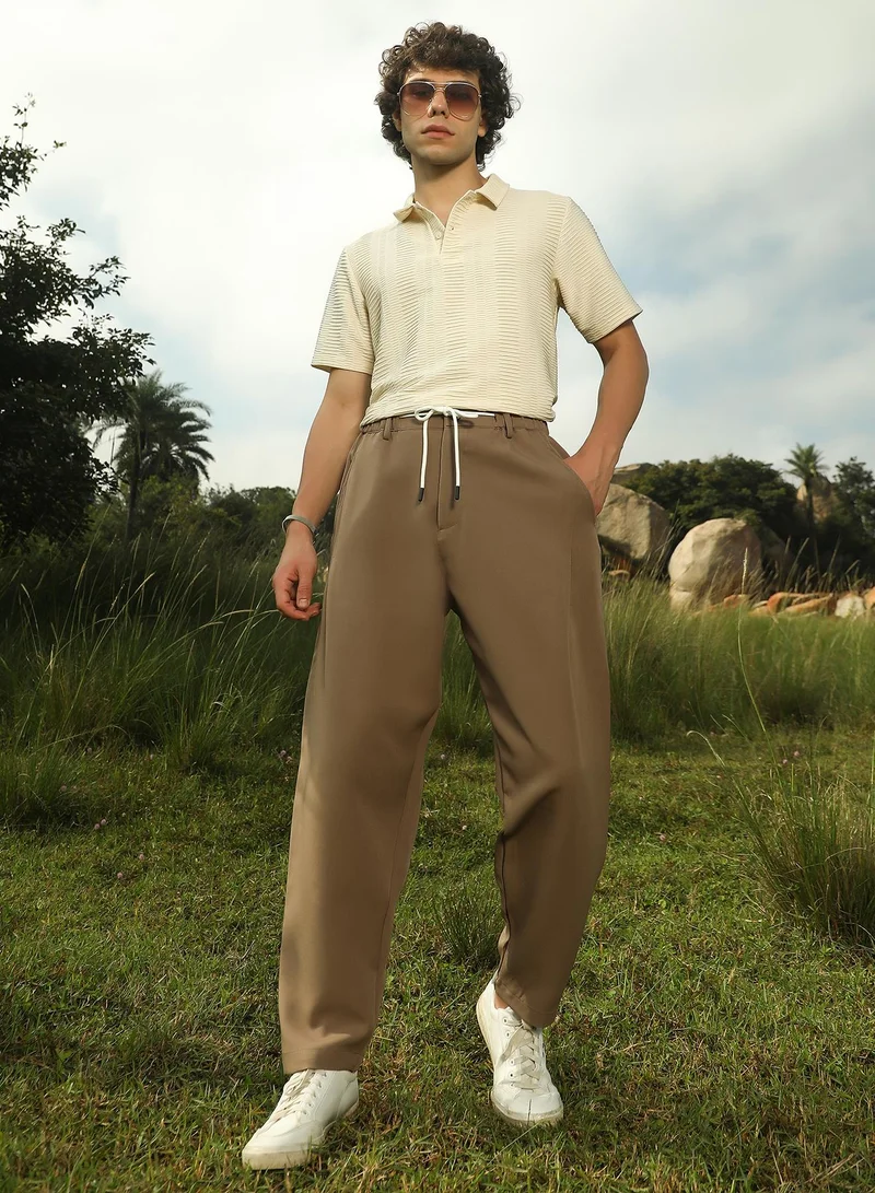 Campus Sutra Men's Ash Brown Tapered Tailored Trousers