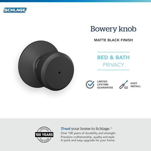Schlage F40 BWE 622 Bowery Door Knob, Bed & Bath Privacy Lock, Matte Black - Image 5