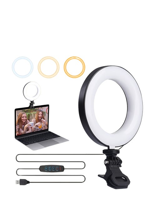 Videoconferencing light, clip-on ring light for video calls, 3 colours, dimmable, fill light for remote work and study, photography, live broadcasts, mobile phones, computer videoconferencing