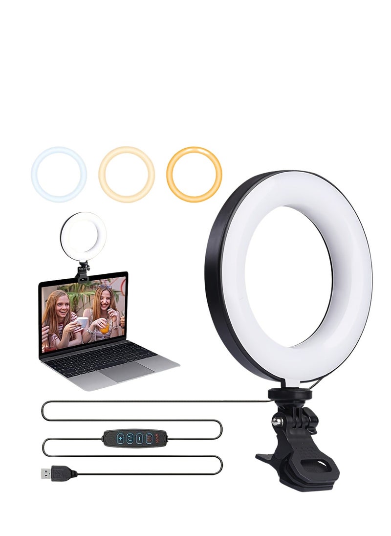 Videoconferencing light, clip-on ring light for video calls, 3 colours, dimmable, fill light for remote work and study, photography, live broadcasts, mobile phones, computer videoconferencing