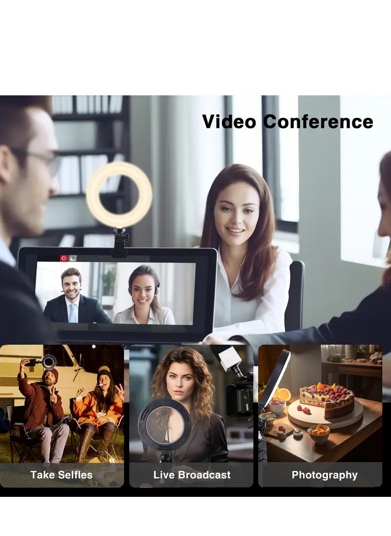 Videoconferencing light, clip-on ring light for video calls, 3 colours, dimmable, fill light for remote work and study, photography, live broadcasts, mobile phones, computer videoconferencing