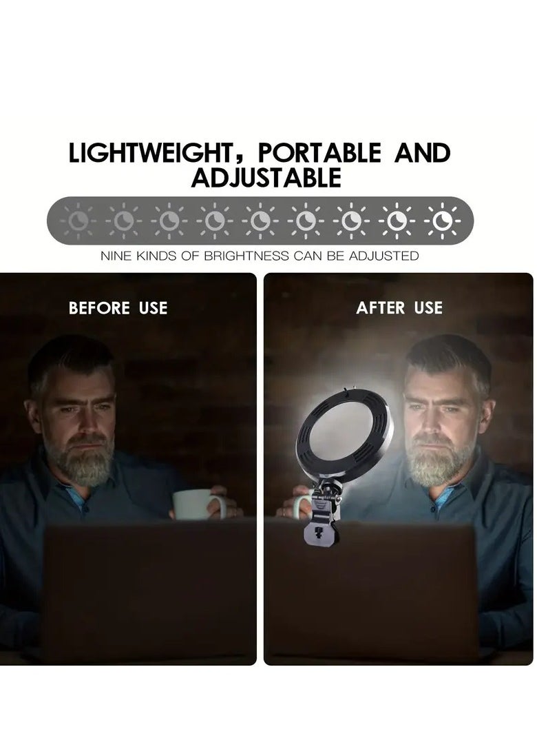 Videoconferencing light, clip-on ring light for video calls, 3 colours, dimmable, fill light for remote work and study, photography, live broadcasts, mobile phones, computer videoconferencing