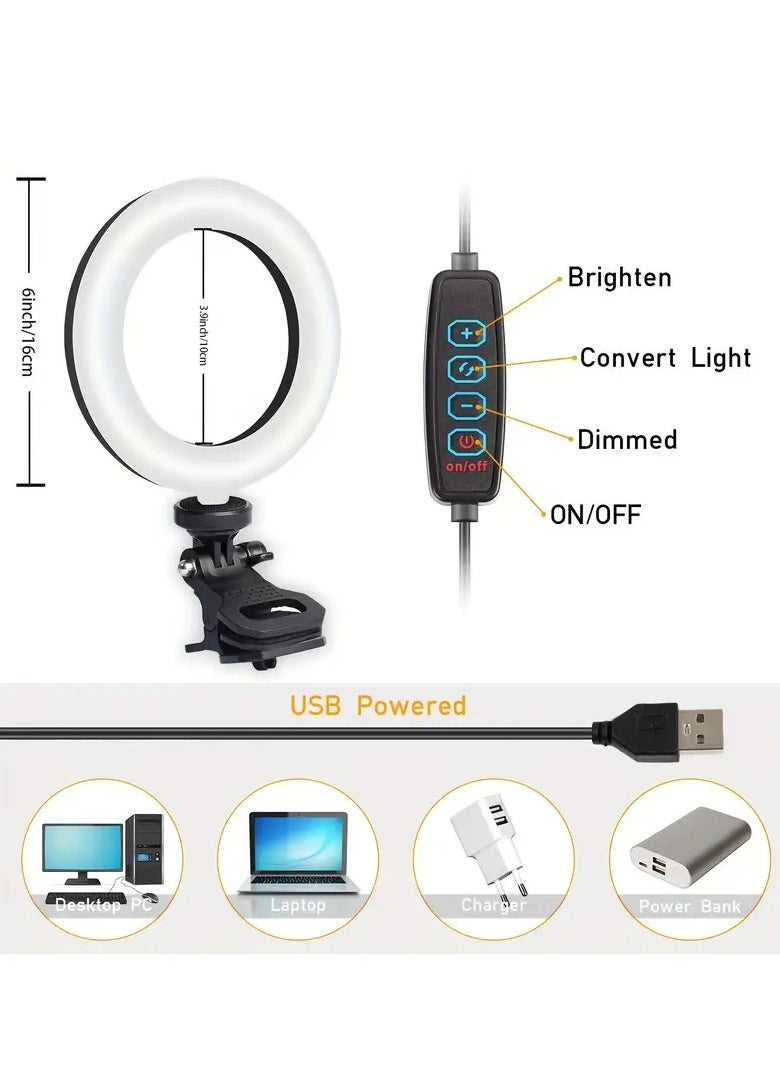 Videoconferencing light, clip-on ring light for video calls, 3 colours, dimmable, fill light for remote work and study, photography, live broadcasts, mobile phones, computer videoconferencing