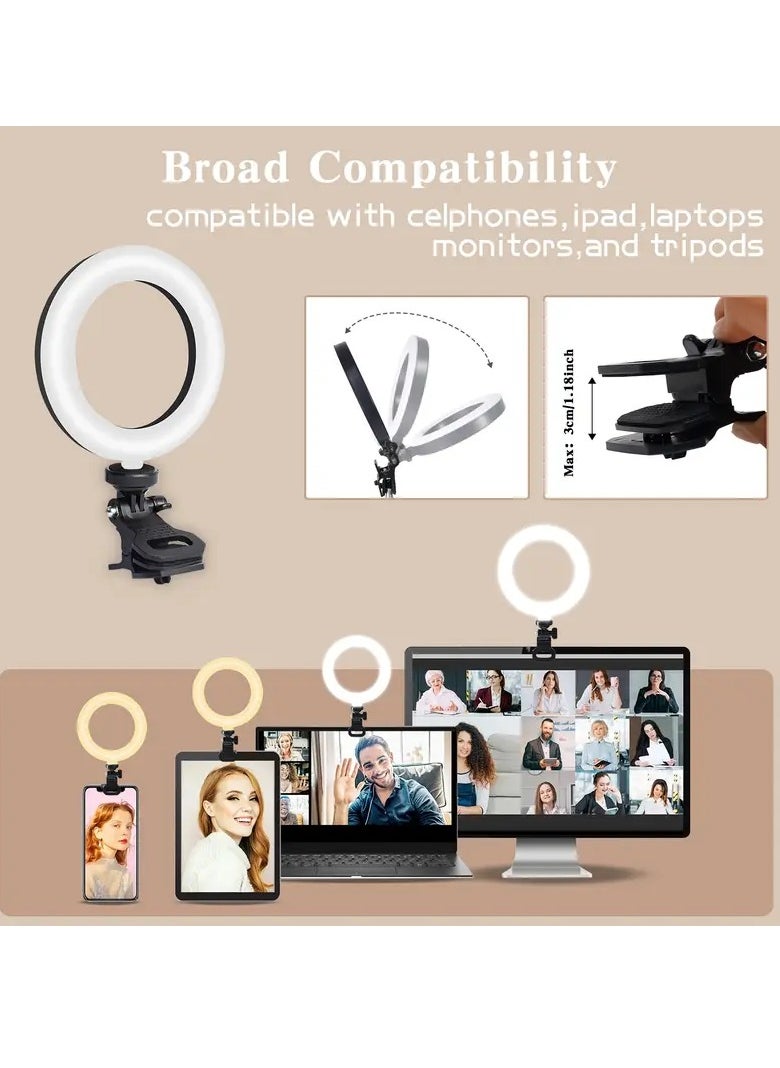 Videoconferencing light, clip-on ring light for video calls, 3 colours, dimmable, fill light for remote work and study, photography, live broadcasts, mobile phones, computer videoconferencing