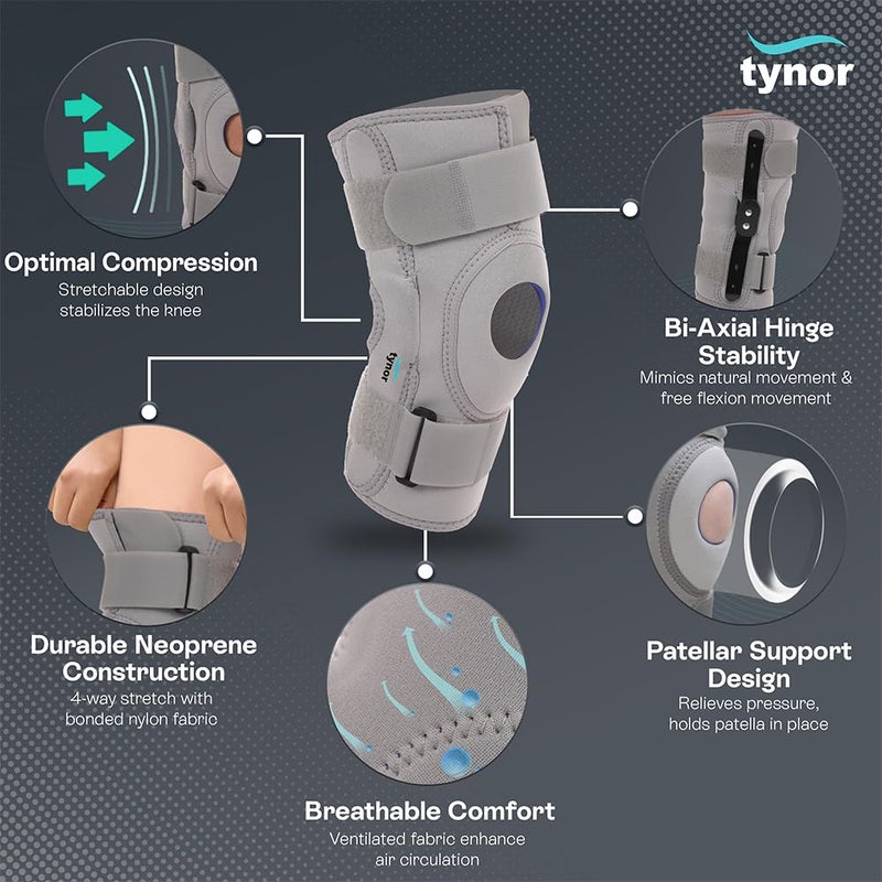 Tynor دعم الركبة المفصلي (نيوبرين) ، لاستقرار المفاصل وتخفيف الألم | للرياضة ، دعم الصالة الرياضية لاستعادة الإصابات | متين ومريح ، للرجال والنساء | 1 وحدة (رمادي ، متوسط) - Image 4