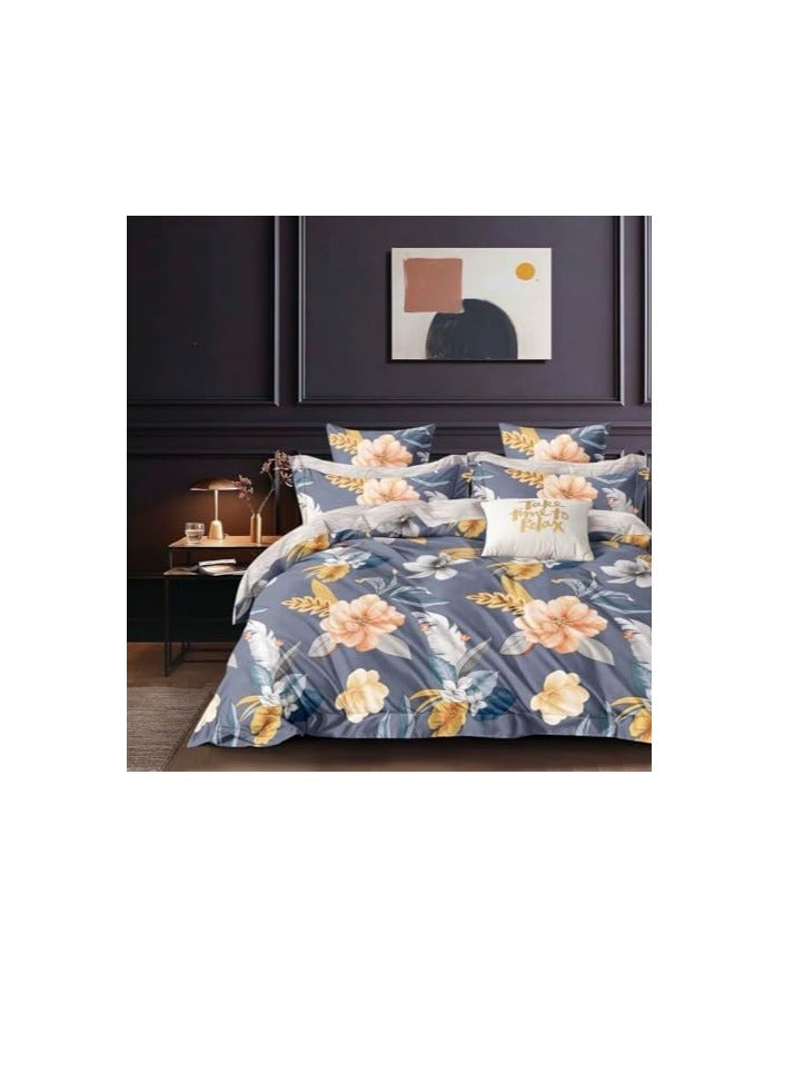 A M E 100% Cotton 6 Piece Duvet Cover Set- King Size, Includes Reversible Duvet Cover (220x240cm), Fitted Sheet (200x200cm+30 cm), 2 Pillow case & 2 Pillow Shams (48x75 +5cm), Floral Design, Grey - Image 1