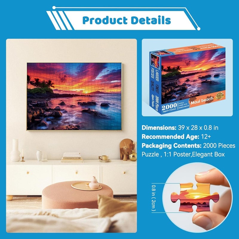 EIYRURU 2000 Piece Jigsaw Puzzle for Adults â€“ Maui Island Sunset Over Pacific Ocean, Challenging & Relaxing Puzzle Game, Glossy Recycled Paper, Great for Mindful Play & Gift (39 x 28 in) - Image 5