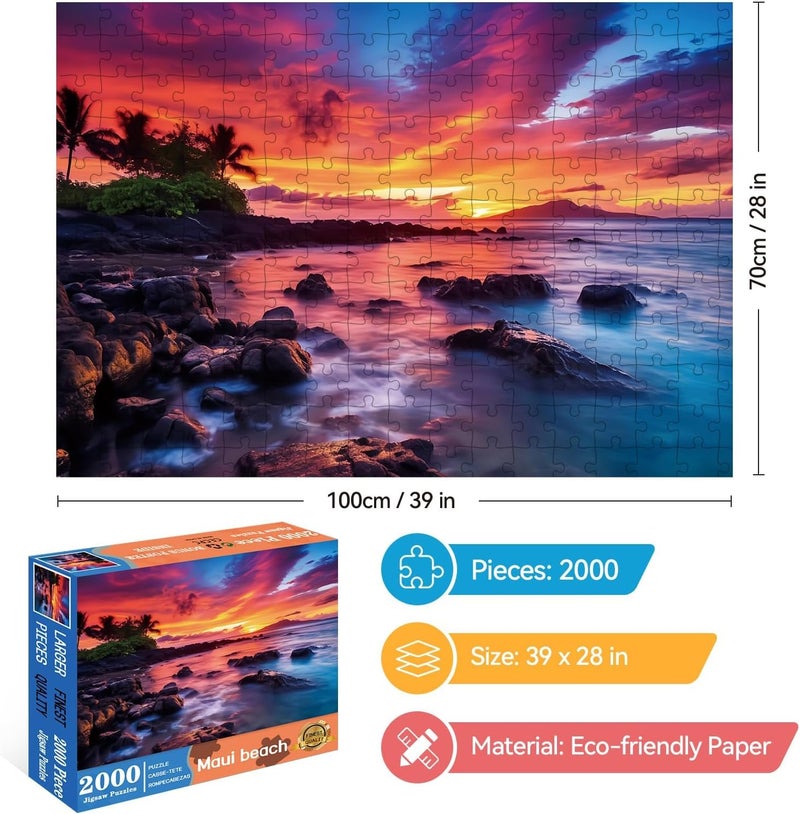EIYRURU 2000 Piece Jigsaw Puzzle for Adults â€“ Maui Island Sunset Over Pacific Ocean, Challenging & Relaxing Puzzle Game, Glossy Recycled Paper, Great for Mindful Play & Gift (39 x 28 in) - Image 2