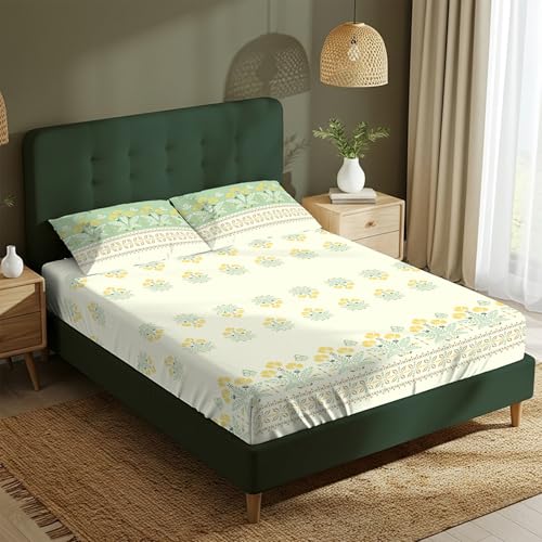 Urban Space Serene 100% Cotton King Fitted Size Bedsheet, 200 TC Super Soft Elastic bedsheets for King Size Bed, Floral King bedsheet with 2 Pillow Covers (72 x 78 Inches, Malhaar Sage Green) - Image 3