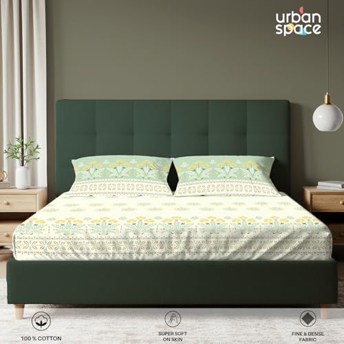 Urban Space Serene 100% Cotton King Fitted Size Bedsheet, 200 TC Super Soft Elastic bedsheets for King Size Bed, Floral King bedsheet with 2 Pillow Covers (72 x 78 Inches, Malhaar Sage Green) - Image 4