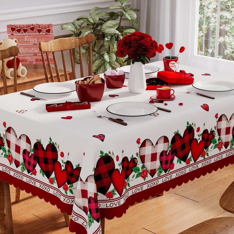 Siilues Round Valentines Tablecloth 70x70 Inch, Washable Red Plaid Love Hearts Valentines Day Tablecloth Waterproof Scalloped Edge Dining Table Cloth Sweet Home Party Decorations - Image 1