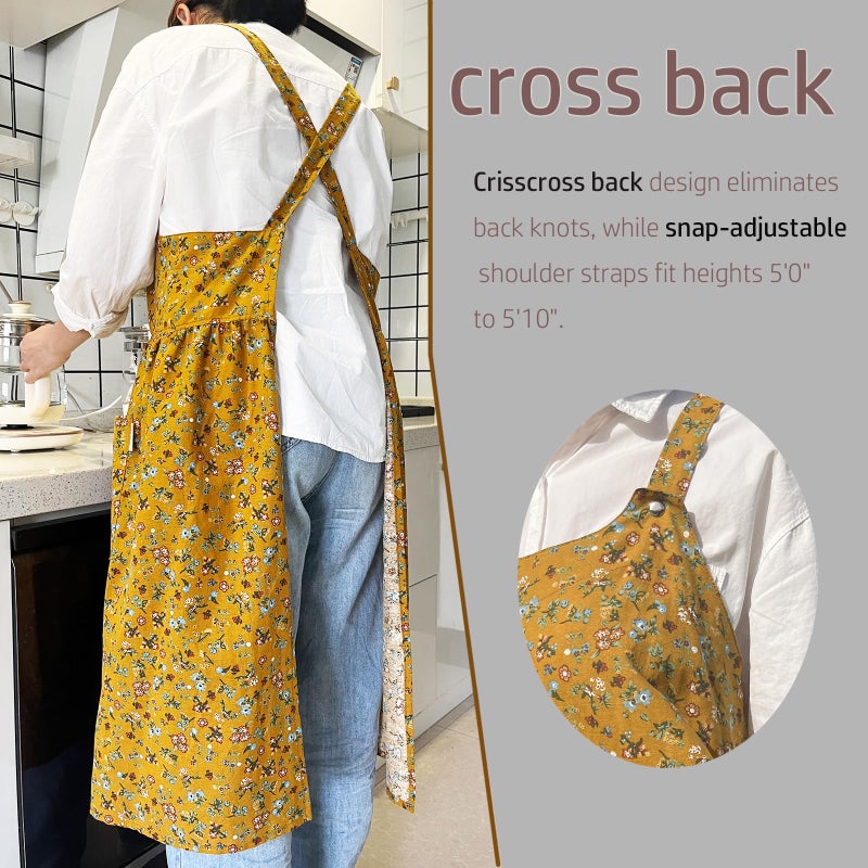 Cityelf Vintage Pinafore Apron Dress Snap Adjust Linen Cotton with Pockets Floral Aprons for Cooking Gardening - Image 4