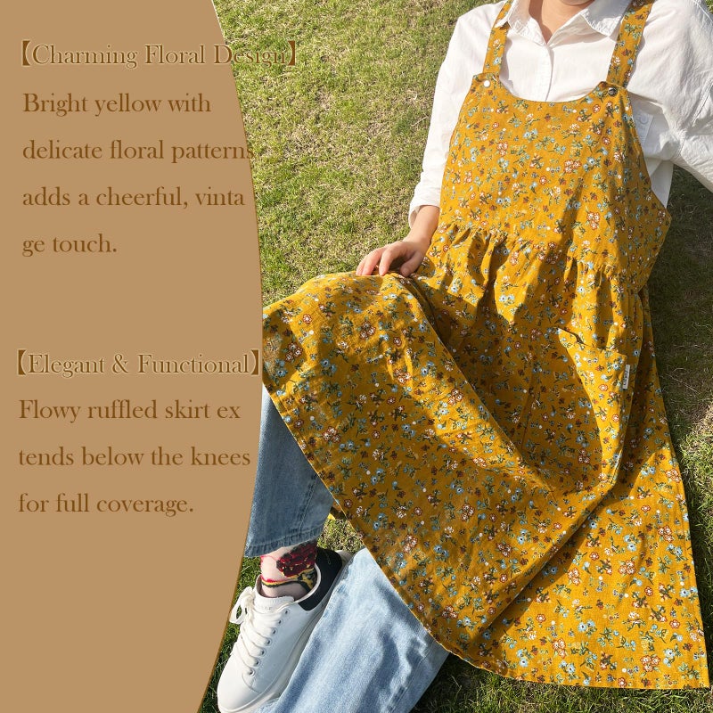 Cityelf Vintage Pinafore Apron Dress Snap Adjust Linen Cotton with Pockets Floral Aprons for Cooking Gardening - Image 5