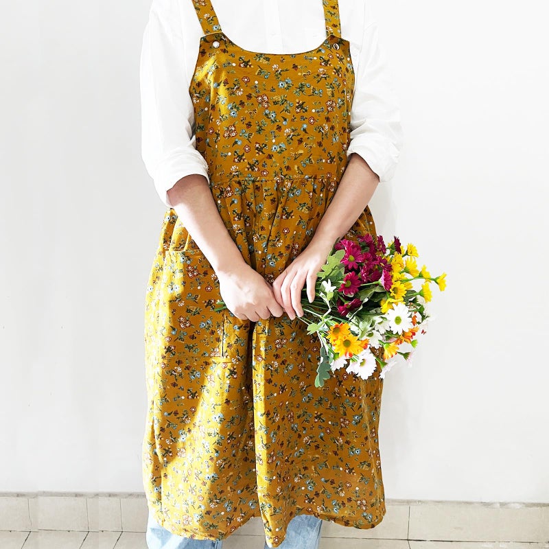 Cityelf Vintage Pinafore Apron Dress Snap Adjust Linen Cotton with Pockets Floral Aprons for Cooking Gardening - Image 2