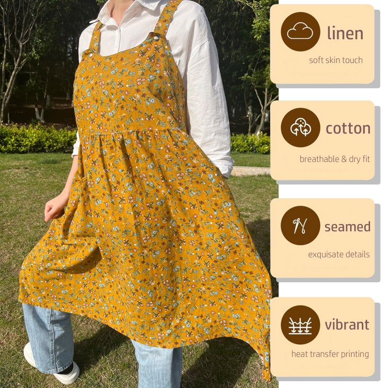 Cityelf Vintage Pinafore Apron Dress Snap Adjust Linen Cotton with Pockets Floral Aprons for Cooking Gardening - Image 3